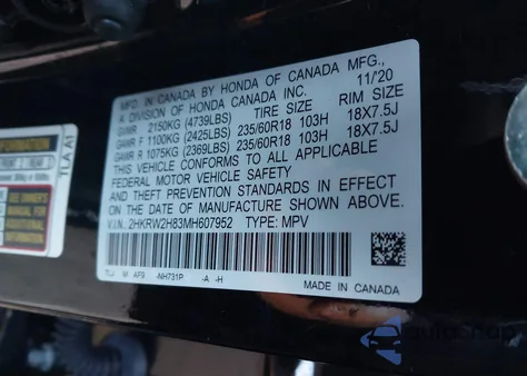 2021 Honda Cr-V Awd Ex-L из США, поврежденный, VIN 2HKRW2H83MH607952